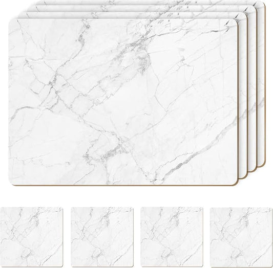 Set of 4 Heat Resistant Cork Placemats for Dining Table with Free Set of 4 Matching Drink Coasters Marble Design 16 x 12 Inches Cork Backed Hard Placemats (White Marble) by Moderry