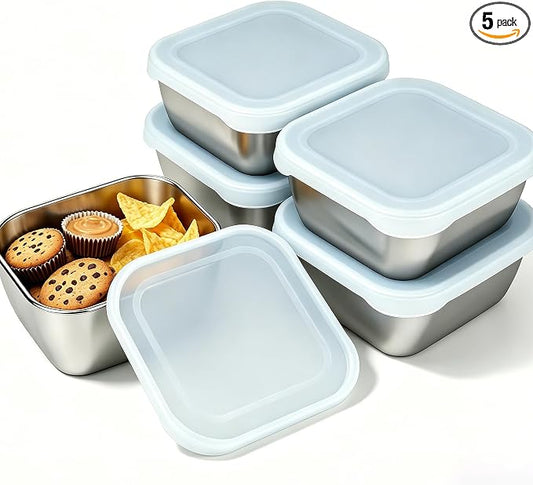 5 Pack 13.53 oz (400 ml) 304 Stainless Steel Snack Container – Leak-Proof, Grill & Oven Safe, Freezer & Dishwasher Safe, BPA-Free Silicone Lid, for Snacks, BBQ, Lunch, Camping, Baking by Unknown