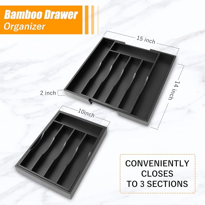 Black Silverware Organizer Kitchen Drawer Organizer Expandable Bamboo Utensil Holder Cutlery Tray for Kitchen Utensil and Flatware Bedroom Office - Image 2