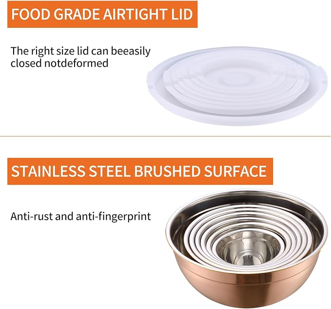 Rose Gold Mixing Bowls with Airtight Lids, Stainless Steel Nesting Mixing Bowls Set of 7, Ideal for Baking, Prepping and Serving Food, Size 7, 3.6, 2.7, 2.1, 1.5, 1.1,0.8 QT, Stackable Design - Image 4