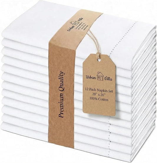 Urban Villa Hemstitch Cloth Dinner Napkins Cotton 20”x20” (Set of 12)-White by CottonTrends