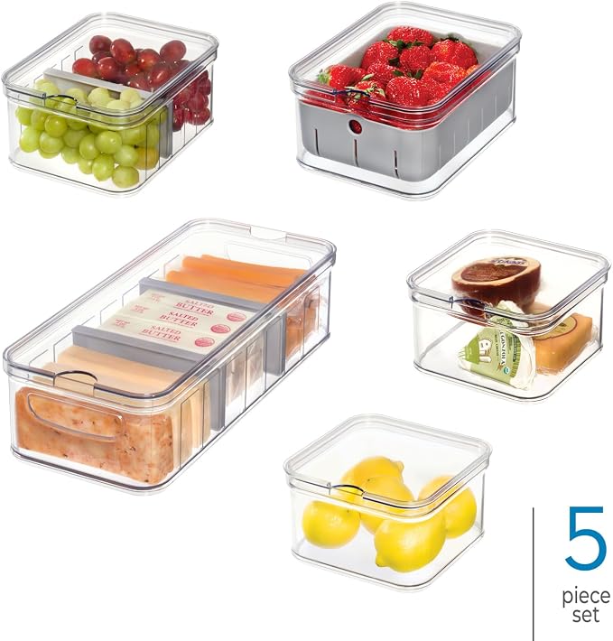 iDesign Crisp 5-Piece Recycled Plastic Refrigerator Organizer Bin Set with Lids, Clear/Gray - Image 2