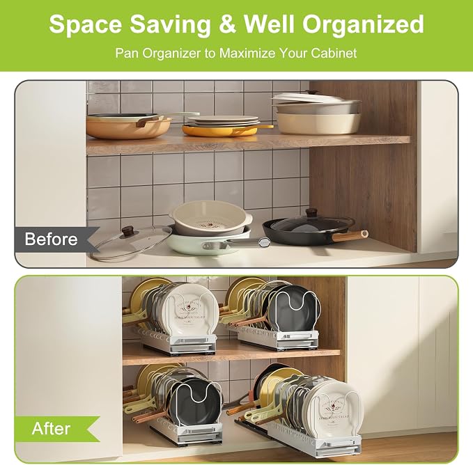 Pots and Pans Organizer Under Cabinet with Drain Board, Pull-out Expandable Pot Lid Organizer inside Cabinet Holder with 10 Adjustable Compartment, Rack for Cutting Board, White (Pack of 2) - Image 4