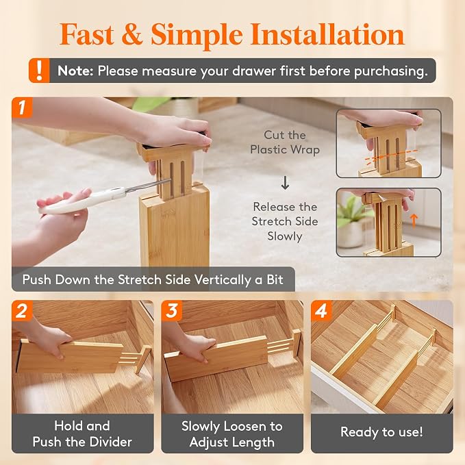 Lifewit 4" High 4 Pack Bamboo Drawer Dividers 31-40cm/12-16 Adjustable Wooden Drawer Organizer for Clothes/Utensils, Expandable Drawer Separator for Dresser/Kitchen/Bedroom/Office Organization - Image 6