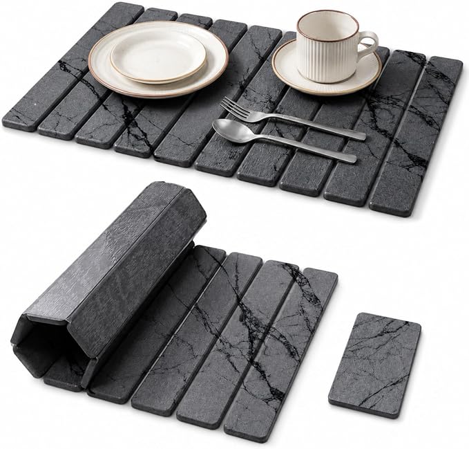 2 PCS Large Stone Dish Drying Mat for Kitchen Counter, 24" x 16" Diatomaceous Earth Dish Mat with 8" x 4" Coaster, Quick Dry Foldable Absorbent Mat for Dishes, Cups, Bottles (Dark Gray) by Unknown