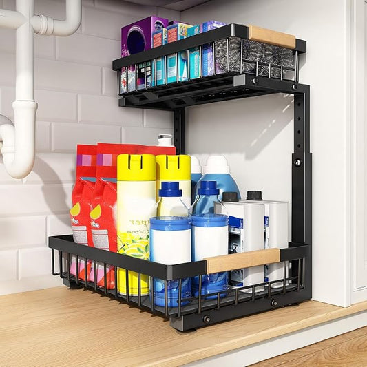 PXRACK Under Sink Organizer, Adjustable Height, 2 Tier Pull Out Under Cabinet Organizer, Slide Out Thickened Metal Under Sink Storage for Kitchen Bathroom Laundry Pantry Cabinet, Black, Large-1-Pack by PXRACK