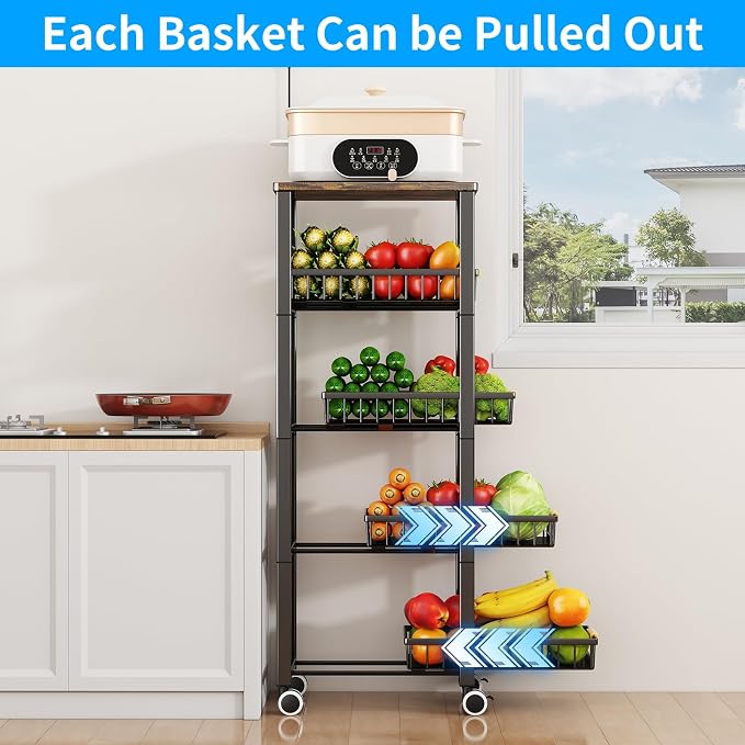 Fruit Vegetable Storage Basket for Kitchen, 5 Tier Large Pull-Out Metal Wire Baskets with 4 Pack Mats Bottom, Wood Top and Wheels, Vegetable Produce Bins Stand Cart Rack for Onions and Potatoes - Image 3