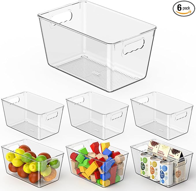Clear Fridge Organizer Bins with Handles, 6 Pack Medium 10×6×5 Inch | Clear storage bins with handles, food organizer basket for kitchen, fridge, freezer and bedrooms by KJIXYUNG