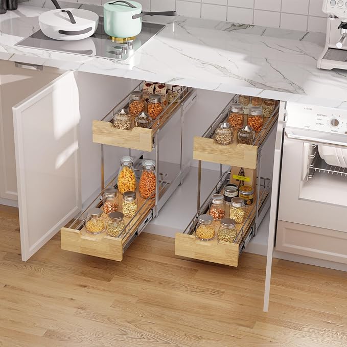 Sikarou Pull Out Cabinet Organizer,Heavy-Duty Slide Out Shelf, Wood and Wire Basket, Pull Out Drawer for for Kitchen Under Sink Space, Pantry, Bathroom, 2 Tie 9 * 21 in - Image 5