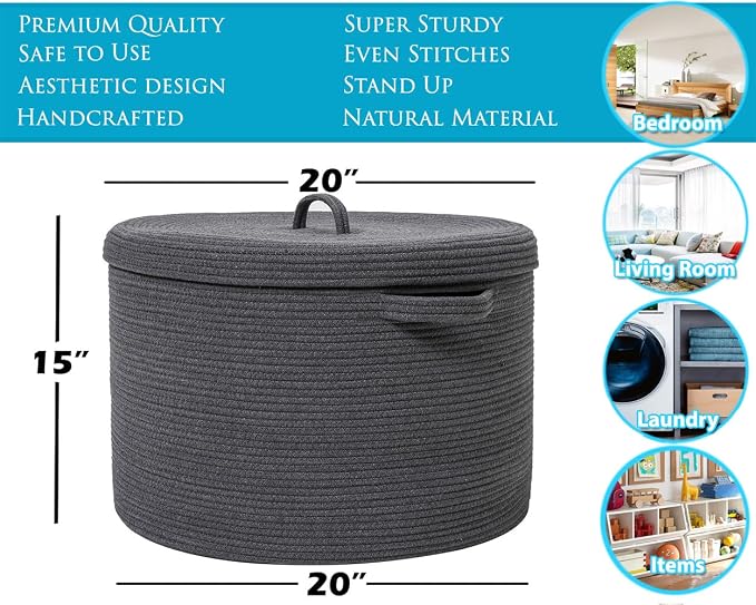 20x15 Inch Extra Large Round Cotton Rope Storage Basket with Lid, Decorative Woven Bin with Cover for Living Room Bedroom Closet, Dark Grey - Image 3