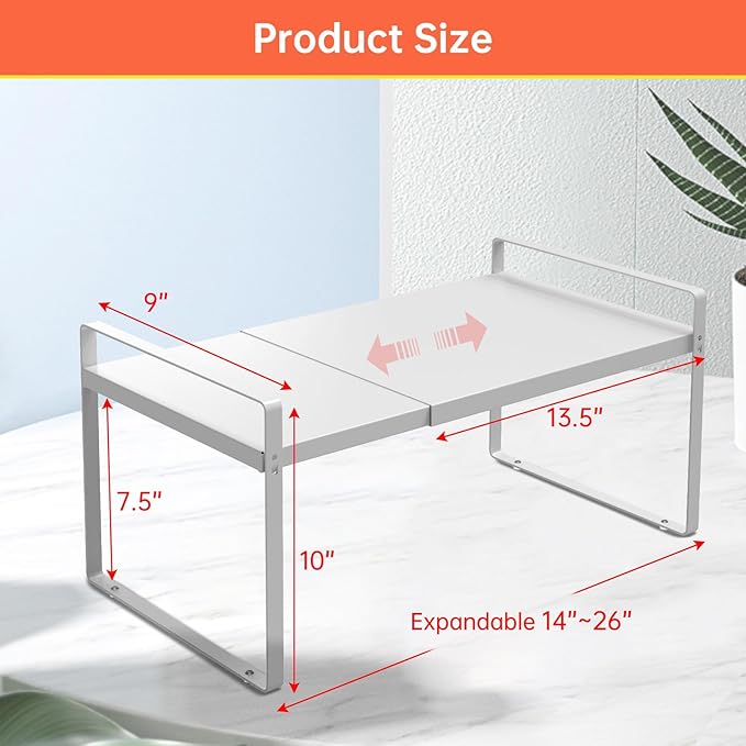 Adjustable Kitchen Shelf Organizer 9", (2 Pack) Heavy-Duty Cabinet Shelves for Countertop, Pantry & Microwave, Expandable Space-Saving Storage Rack with Non-Slip Pads, White - Image 6