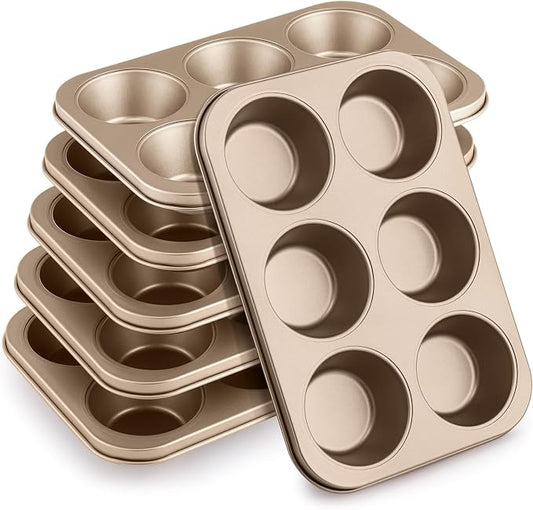 6 Pack Jumbo Nonstick Muffin Baking Pan Muffin Tins Heavy Duty Cupcake Tin Gold Carbon Steel Cup Cake Tray for Baking Cupcakes, Dishwasher Safe Small Muffins Tarts by Blushtier
