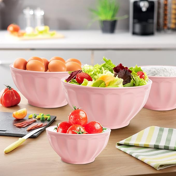 Mixing Bowls with Lids Set,4 Piece Large Plastic Nesting Bowls,Includes 4 Microwave safe Mixing Bowl and An Egg Whisk for Kitchen Prepping,Baking,Cooking Food, Pink - Image 3