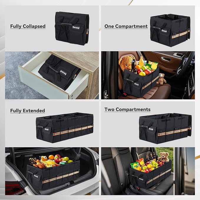 Car Trunk Organizer with Lid,Collapsible Car Storage Organizer with Multi Compartments and Securing Straps for SUV,Sedan,Jeep-Black - Image 6