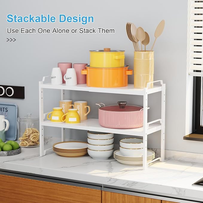 3 Pack Kitchen Cabinet Organizer Shelf, Stackable Expandable Shelves Organizers For Kitchen Cabinet Countertop Storage, Adjustable Counter Cupboard Pantry Organizer Shelf Rack Stand, Length:25.5 Inch - Image 3