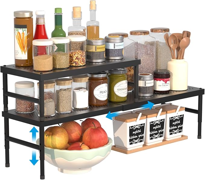 2 Pack Expandable adjustable stackable kitchen cabinet organizer,spice rack | Counter Shelf for Cabinets,Small Cupboard Organizers,Heavy Duty Metal Pantry Storage Shelves Racks for kitchen,bathroom by WELCOMETOHININGER