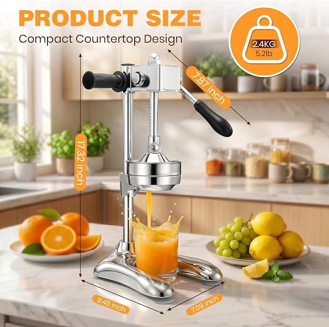 Stainless Steel Manual Citrus Juicer with Stable Countertop Base | Cast Iron Juicer, Hand Juice Squeezer, Gear-Drive Rotary Press for Oranges, Lemons, Pomegranates - Image 8