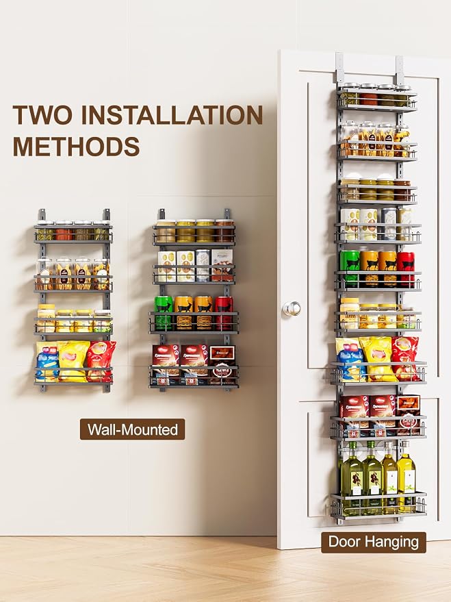 Delamu 9-Tier Over the Door Pantry Organizer, Adjustable Pantry Door Organizers and Storage, Metal Hanging Basket Wall Spice Rack Seasoning Organizer, Door Organizer Kitchen Bedroom Bathroom,12"Black - Image 5