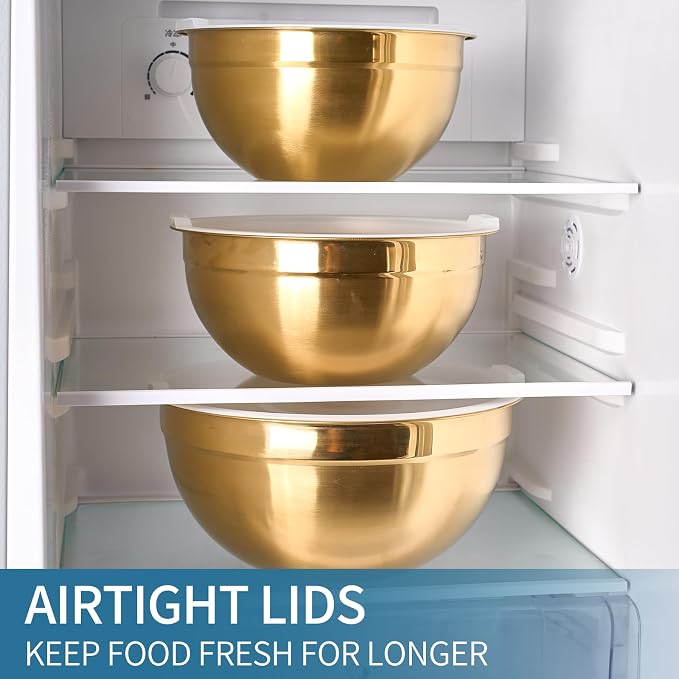 Gold Mixing Bowls With Airtight Lids,Stainless Steel Bowl,Salad Bowls 5 Piece Colorful Nesting Bowl Gold Kitchen Accessories,Size 5.5,3.6,2.7,2.1,1.5QT Stackable Design - Image 7