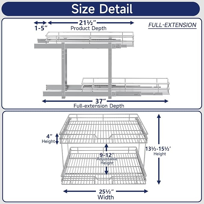 2-Tier Pull Out Cabinet Organizer, 25.5" W x 21.5" D, Heavy Duty Dual Slide Out Shelves for Wide Base Cabinets, Chrome Wire Basket Drawer for Pots, Pans, Pantry & Cleaning Supplies - Image 2