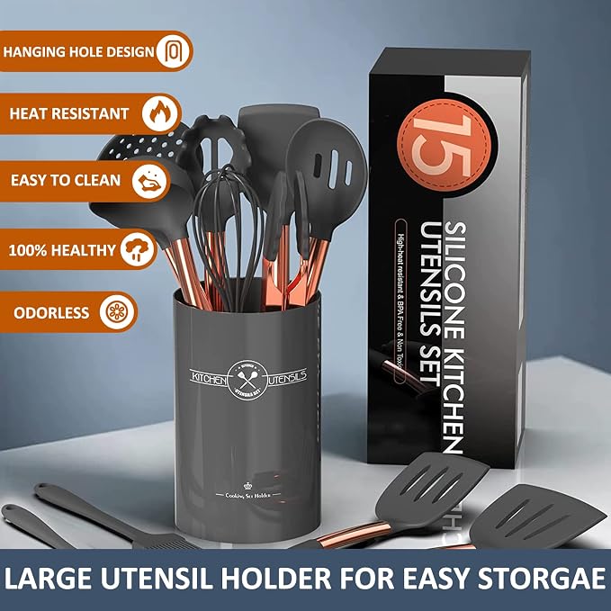 Silicone Cooking Utensil Set, Umite Chef Kitchen Utensils 15pcs Cooking Utensils Set Non-stick Silicone Rose Gold Handle Cooking Tools Whisk Kitchen Tools Set -Grey - Image 5
