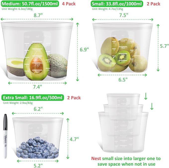 100% Platinum Silicone Reusable Food Storage Bags, 8 Pack (4M + 2S + 2XS) | Premium Silicone Reusable Storage Bag, Stand-Up Wide-Mouth Ziplock, Various Sizes, Freezer Microwave Dishwasher Safe, Clear - Image 3
