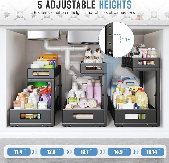 2 Pack 20.47IN Depth Under Sink Storage Organizer, Large 2-Tier Elegant Mesh Pull Out Shelf for Kitchen and Bathroom Cabinet Organization, L-Shaped and Adjustable Height Design-Black - Image 5