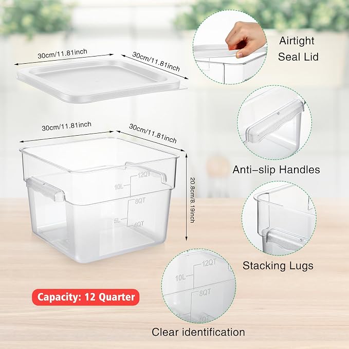 FoldTier 2 Pieces Square Food Storage Containers Polycarbonate Clear food Container with Lid Commercial Storage with Graduations for Commercial Kitchen Dough Marinating Meat(White,12 Qt) - Image 3