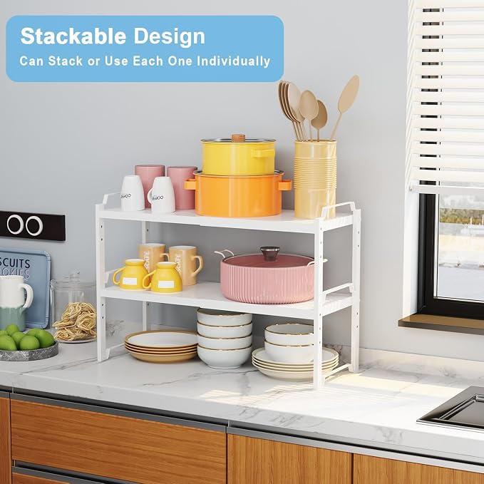 Set of 2 Expandable Kitchen Cabinet Shelves Organizers, Stackable Adjustable Small Storage Shelf Rack Stand For Pantry Cabinet Cupboard Kitchen Counter Organization, 22 lbs Capacity, Length:20.5" - Image 3