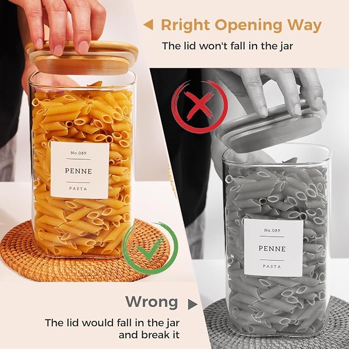 2 Pack large Square Glass Flour and Sugar Containers with 132 Kitchen Pantry Labels - 149 floz & 71 floz - Glass Jars with Airtight Bamboo Lid - Glass Rice Canisters for Coffee, Pasta, Cookie, Cereal - Image 6