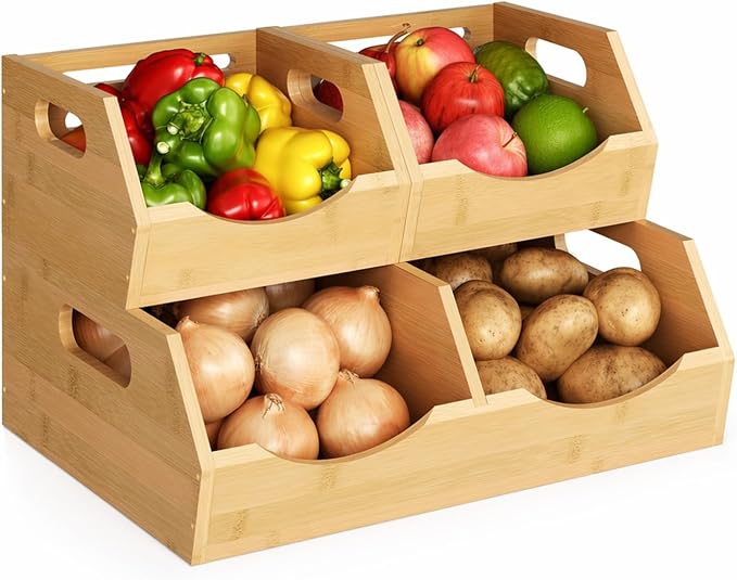 Potato and Onion Storage Bin, 2 Tier Bamboo Kitchen Storage Rack, Stackable Ventilated Pantry Organizer with Handles for Garlic Peppers Vegetables, Countertop Produce Bins, Natural Brown by Unknown