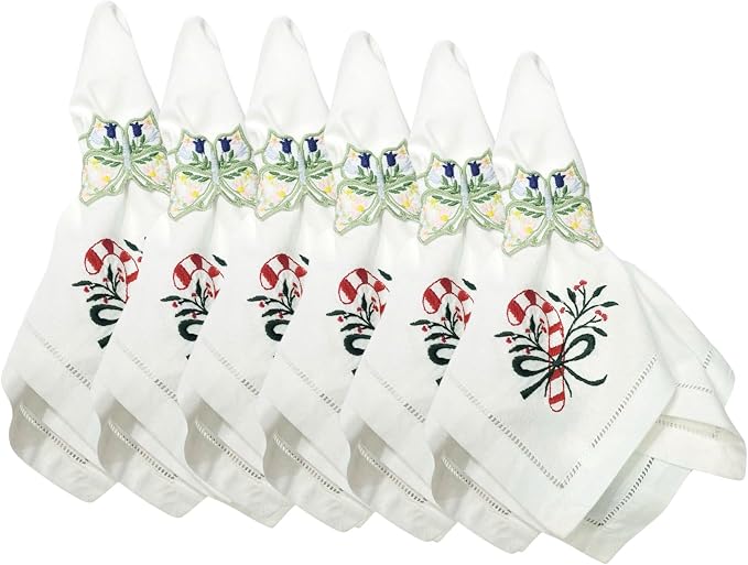 Embroidered Cloth Napkin Candy Cane Christmas Cotton Napkins Set of 6, 20x20 Hemstitch Table Napkins Machine Washable, Daily & Christmas, Great Present Ideas by Unknown