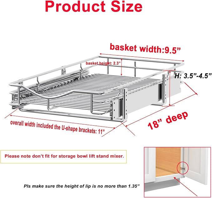 DINDON Pull Out Cabinet Organizer (11" W x 18" D), Pull Out Drawers for Kitchen Cabinets, Slide Out Cabinets Shelves,1 Tier Pull Out Cabinet Drawer Organization for Kitchen - Image 2
