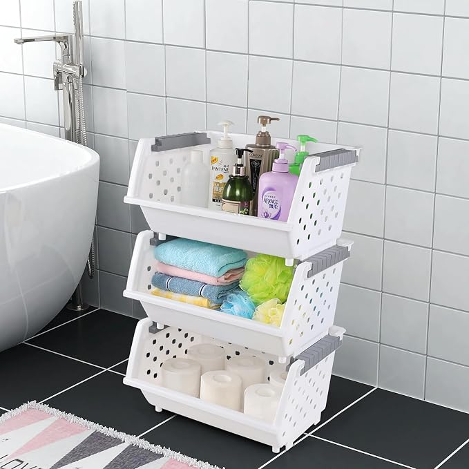 Set of 4 Plastic Stackable Storage Baskets | Stackable Organizer Bins for Kitchen, Pantry and Bathroom, White - Image 6