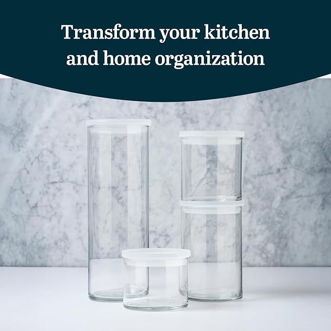 Libbey Stacking Cylinder Assorted Storage Jars, Stackable Glass Jars Set of 4, Airtight Plastic Lids, Dishwasher Safe Food Jars for Storing Dry Goods - Image 2