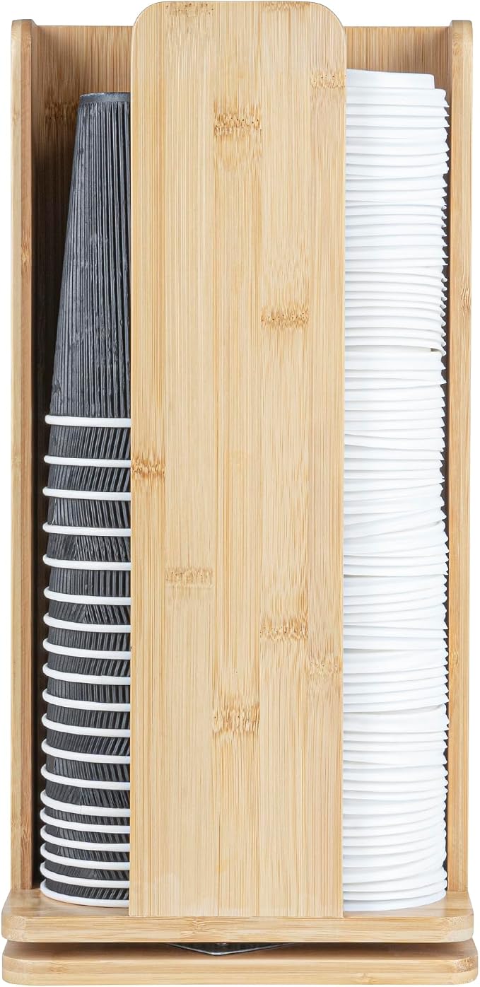 Restaurantware Restpresso 9 x 18 Inch Coffee Cup and Lid Organizer 1 Revolving Cup and Lid Holder - 4 Section Countertop Natural Bamboo Cup and Lid Dispenser For Restaurants Homes or Offices - Image 13