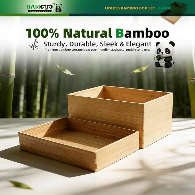 BAMOTTO CRAFTBAMBOO 2-Piece Bamboo Storage Box Set Stackable Organizer | Open-Top Design | Deep Bin Drawer Organizer + Shallow Tray | Kitchen Pantry | 14.6"x10.2"x7.1" + 14.6"x10.2"x3.1" - Image 6