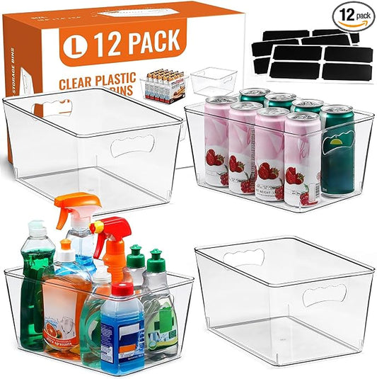 12 PACK LARGE Clear Storage Bins with Handles & Labels, Multiuse Plastic Pantry Organizer Bins for Home Kitchen, Fridge, Freezer, Cabinet, Closet, Bathroom, Shelf, Laundry, RV, Under Sink Organization by MakeLifeBetterEasier