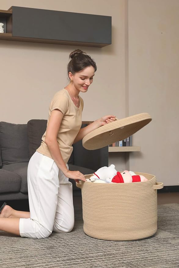 20x15 Inch Extra Large Round Cotton Rope Storage Basket with Lid, Decorative Woven Bin with Cover for Living Room Bedroom Closet, Beige - Image 4