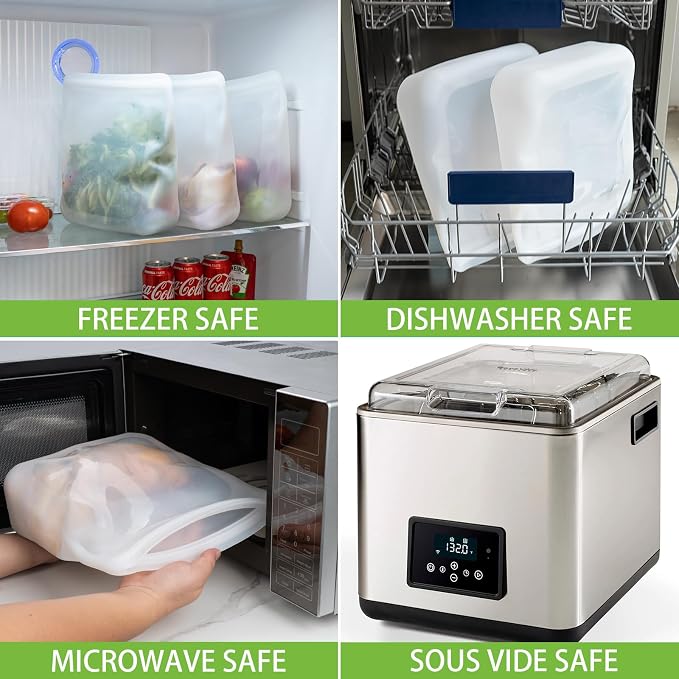 100% Silicone Gallon Storage Bags, Extra Large Reusable 1 Gallon Silicone Storage Bags Stand-Up Zip-Lock Leakproof for Bulk Food & Large Portions, Freezer Microwave Sous Vide Dishwasher Safe, 2 Pack - Image 6