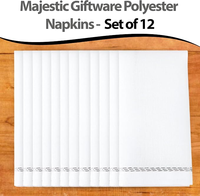 Majestic Giftware Polyester Napkins - NPK2-SL | Set of 12 (20" x 20") White Silver Trim Design Dinner Napkins Cloth | Linen Look Washable Cloth Napkins Set for Weddings, Banquets, or Restaurants - Image 6