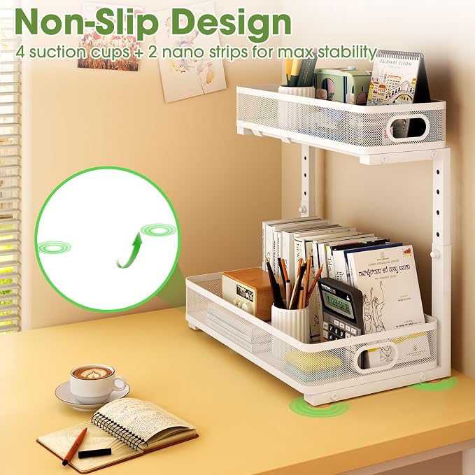Under Sink Organizer 2-Pack, Metal 2-Tier Pull-Out Cabinet Shelf with Slide-Out Mesh Drawers, Height Adjustable, Space-Saving Under Sink Storage Racks for Kitchen, Bathroom, Laundry Room, White - Image 8