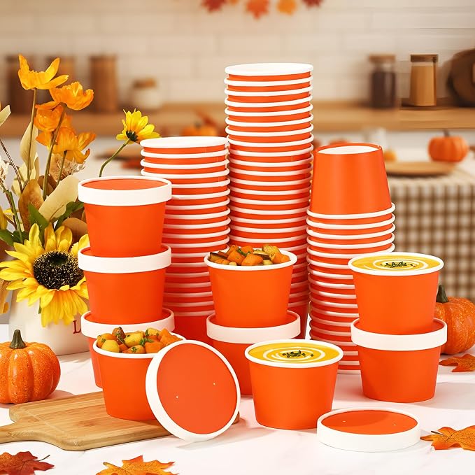 Fulmoon 100 Pack Paper Soup Containers with Lids Disposable Paper Food Containers with Vented Lid Kraft Ice Cream Cake Dessert Cups Soup Bowl for Party Hot Food Fruit Microwave(8 oz,Orange) - Image 3