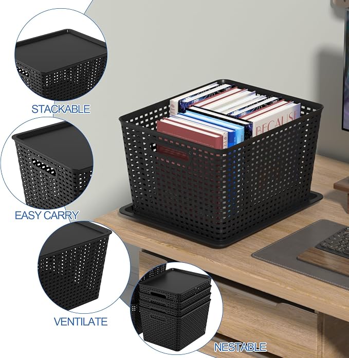 Ggbin 6-Pack Large Plastic Weave Basket with Lid, Black Storage Basket Bins - Image 3