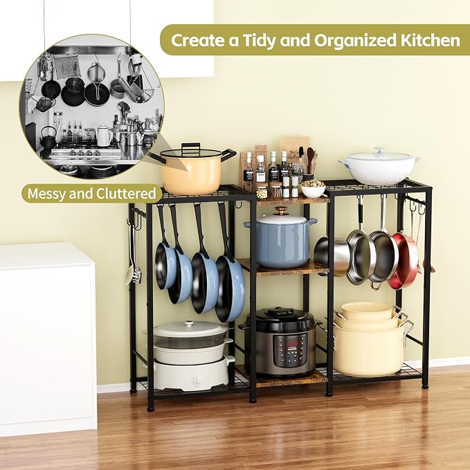 Pot Rack —Expandable Pot and Pan Organizer Rack, Freestanding Kitchen Pot and Pan Rack Storage Stand, Vertical Pan & Lid Hanging, Rustic Wood Top for Kitchen Storage & Organization - Image 2