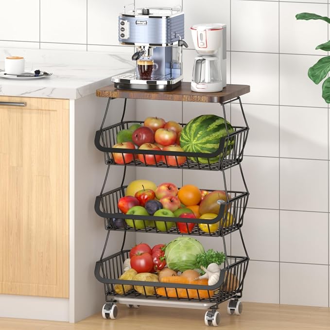 CHLORYARD Fruit Basket with Wooden Lid for Kitchen, 4-Tier Stackable Wire Fruit Vegetable Storage Basket Organizer Stand on Wheel, Produce Basket Potato Onion Storage Bins Rack Cart for Pantry by CHLORYARD