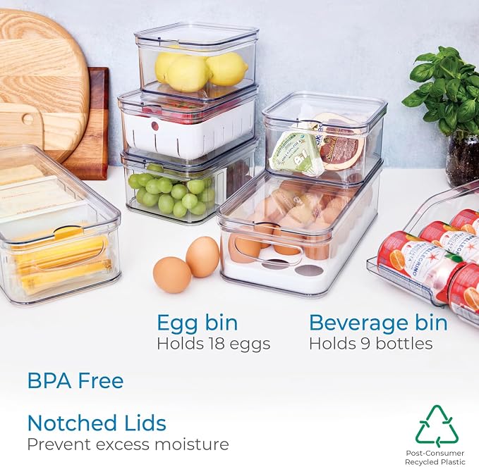 iDesign Crisp 7-Piece Recycled Plastic Refrigerator Organizer Bin Set with Lids, Clear/White - Image 5