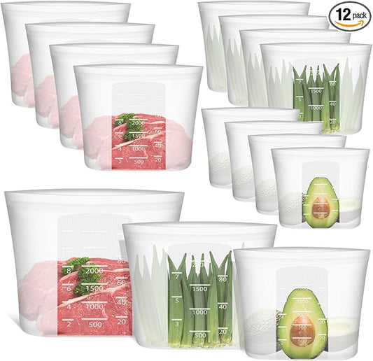 Reusable Storage Bags, Large-Size Set, 12 Pack 100% Silicone Food Storage Bags Stand Up Zip Lock Bags for Food, Freezer Microwave Oven Dishwasher Safe, 4 XL-0.8 Gallon + 4 L + 4 M, Translucent by Annaklin