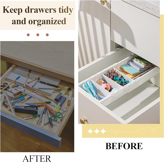 3 Pcs Expandable Drawer Organizer Bins Adjustable Deep Drawer Hanging Organizer Tray Expandable 11.4 to 18.1 Inches Plastic Dividers Storage for Office Bathroom Bedroom Kitchen Desk, White - Image 4