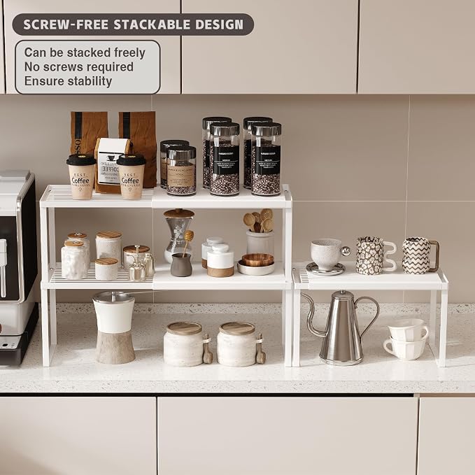 Magheo Expandable Kitchen Countertop Organizer, 2 Pack Stackable Cabinet Shelf Risers, Metal Spice Rack Heavy Duty Counter Organizer Storage for Kitchen, Pantry, Cupboard, Rv (8.7in Height,White) - Image 3
